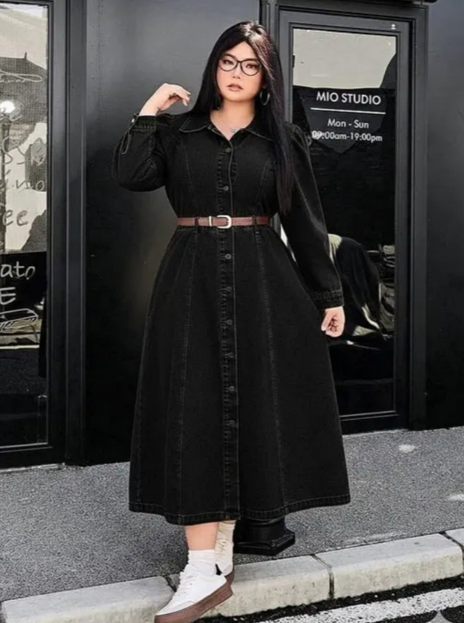 Women Solid Black Button Front Denim  Midi Dress with Belt Fashionable Street Style Outfit