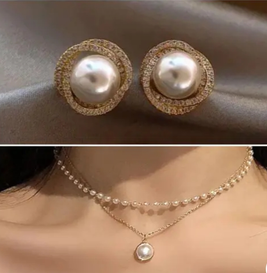 Estailo Fashion Perky Pearl Layered Necklace & Pearlfect Earrings Set -Elegant Jewelry for Women